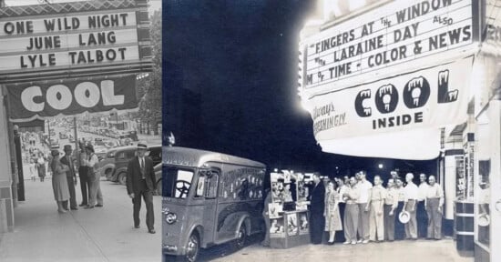 A split-screen view shows two black-and-white photos of movie theater marquees advertising films and "cool inside" banners, with people standing on the sidewalk below.