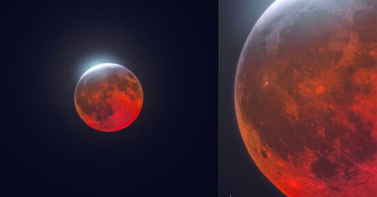 A split-screen view showing a distant lunar eclipse on the left and a detailed, close-up view of the red moon on the right.