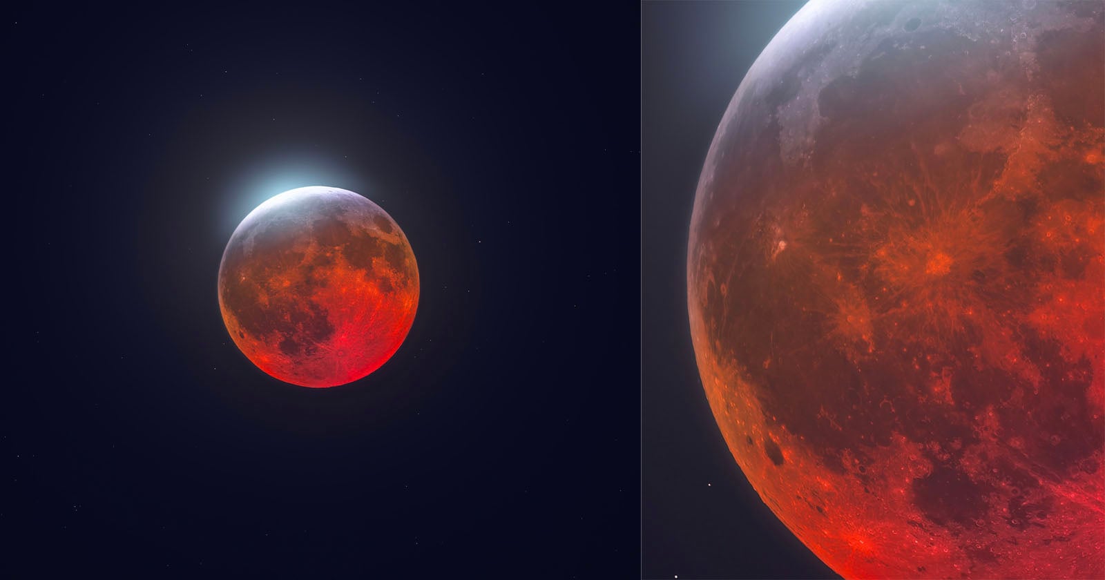 A split-screen view showing a distant lunar eclipse on the left and a detailed, close-up view of the red moon on the right.