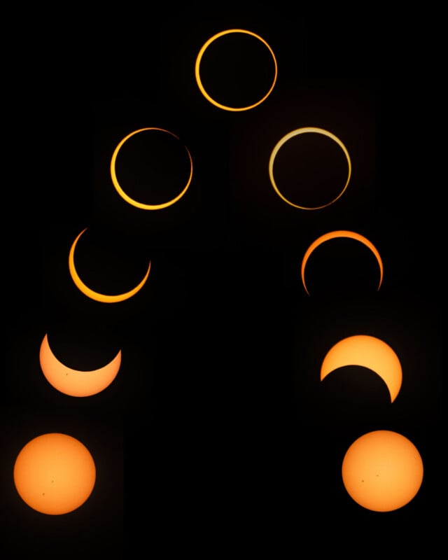 A composite image shows the progression of an annular solar eclipse, with the sun transitioning from a full disk to a ring.