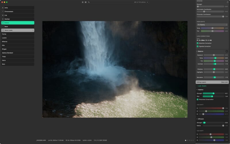 A screenshot of photo editing software displaying a waterfall with a bright, sunlit pool at the base, surrounded by dark rock faces.