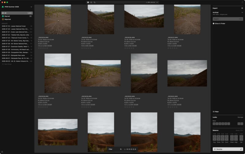 A computer screen displays a photo editing software interface showing a grid of landscape thumbnails from a trip to Lassen National Forest.