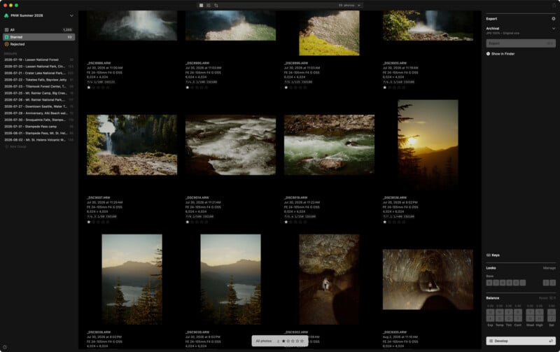 A grid view of a photo editing software interface displaying thumbnails of landscape and nature photography, with a sidebar showing file information and export settings.