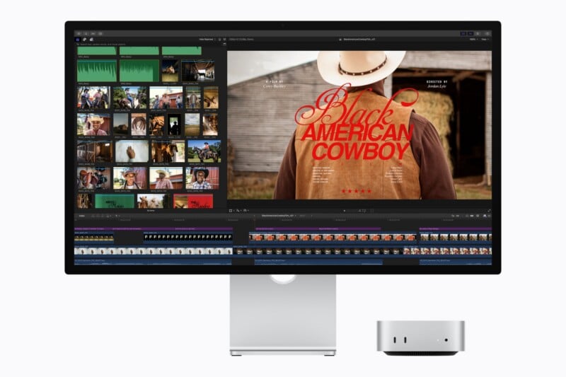 A computer monitor displays a video editing interface with a film title card for "Black American Cowboy," sitting next to a small desktop computer.