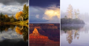 A triptych showing a wooden cabin by a reflective lake, a sunlit rock formation in a canyon, and trees reflected in misty water.