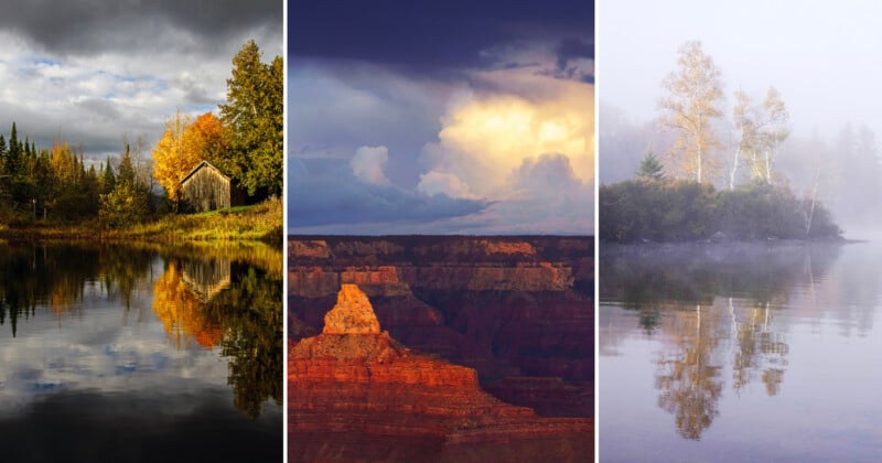 A triptych showing a wooden cabin by a reflective lake, a sunlit rock formation in a canyon, and trees reflected in misty water.