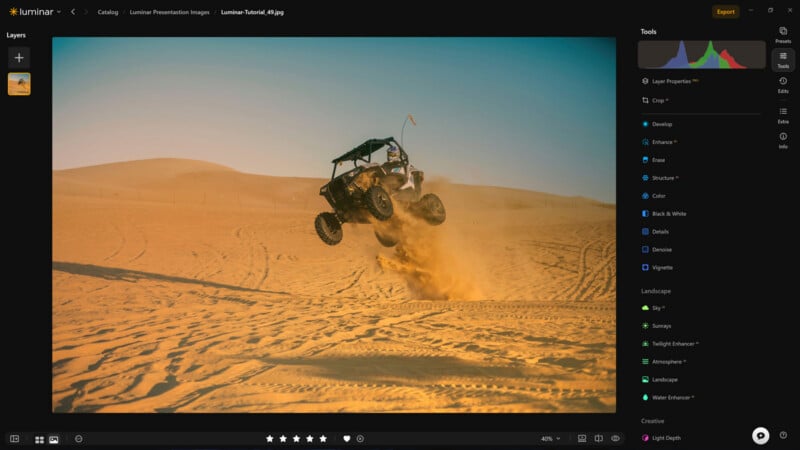 A side-by-side view of a photo editing software interface showing a dune buggy jumping over sand dunes in a desert.