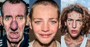 A triptych showing close-up portraits of an elderly man with a red nose, a young child with teary eyes, and a tattooed person.