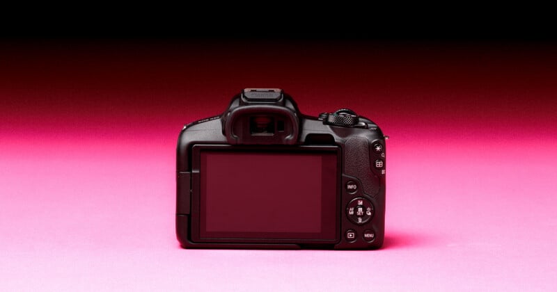 A black Canon EOS R50 mirrorless camera sits centered against a gradient background transitioning from dark red at the top to bright pink at the bottom.