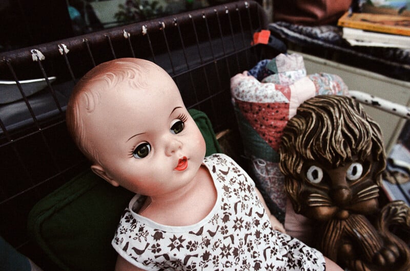 A baby doll with a patterned white top sits next to a brown cat figurine in a wire basket.