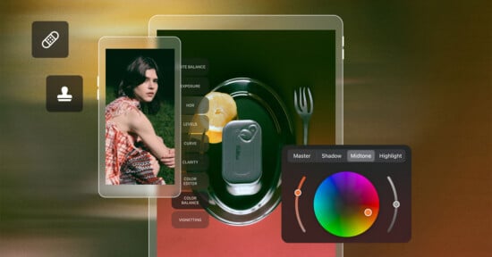 A digital photo editing interface displays a color wheel tool over a tablet screen showing a food still life, with a smaller floating window featuring a portrait of a woman.