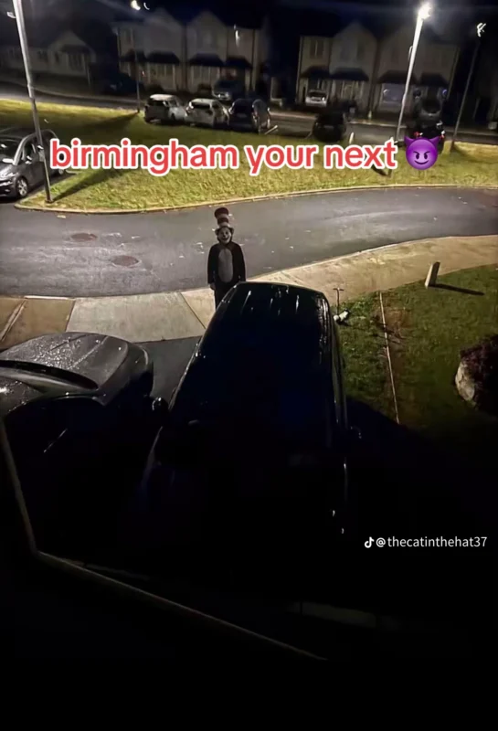 A person dressed in a Cat in the Hat costume stands on a suburban street at night, with text overlaid reading "birmingham your next" and a devil emoji.