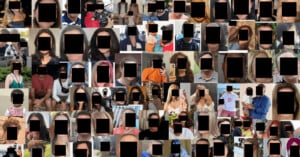 A collage of many individual portraits and group photos, all with the faces of the people obscured by black rectangles.