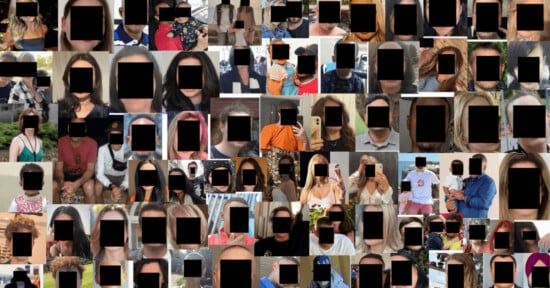 A collage of many individual portraits and group photos, all with the faces of the people obscured by black rectangles.
