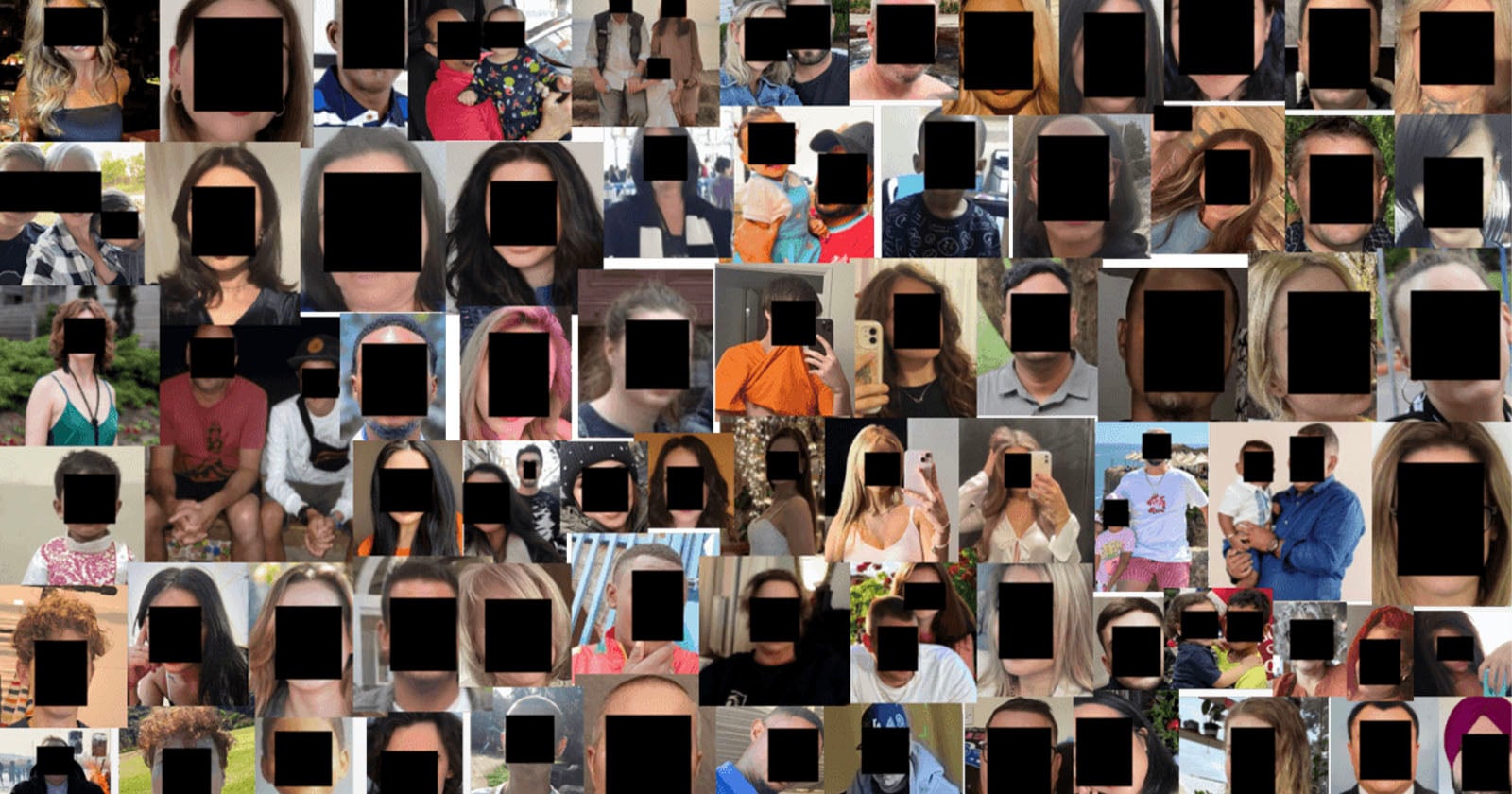 A collage of many individual portraits and group photos, all with the faces of the people obscured by black rectangles.