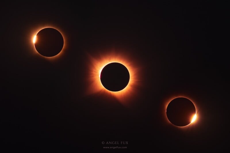 Three phases of a solar eclipse are shown against a black background, featuring the diamond ring effect and the corona.