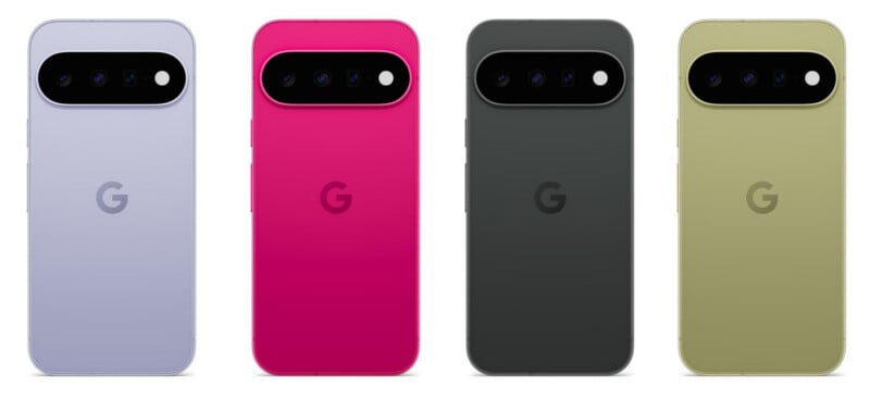 Four smartphones are lined up side-by-side, each featuring a horizontal camera bar and a "G" logo on the back, shown in light purple, bright pink, dark gray, and olive green.