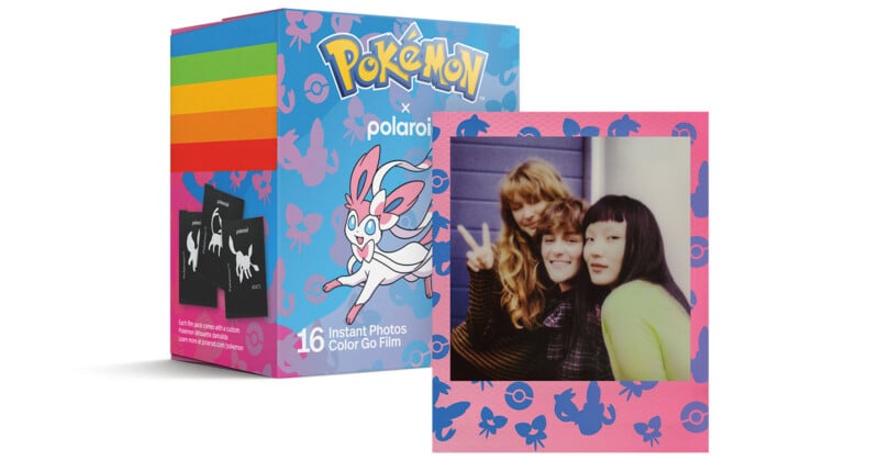 A Pokémon x Polaroid product box featuring Sylveon sits next to a printed instant photo of three women with a pink, patterned border.