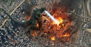 Godzilla stands in the center of a burning city, firing a blue atomic breath beam at the ground while a fighter plane flies nearby.