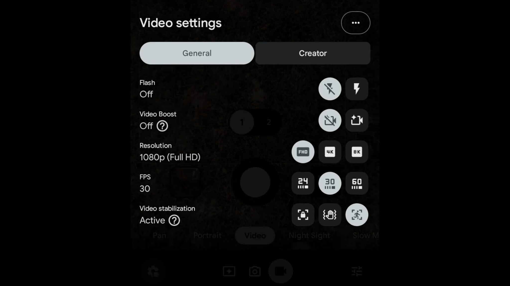 A smartphone screen displaying video settings, including options for flash, video boost, resolution, frame rate, and stabilization.