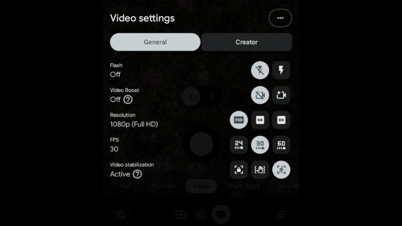 A smartphone screen displaying video settings, including options for flash, video boost, resolution, frame rate, and stabilization.