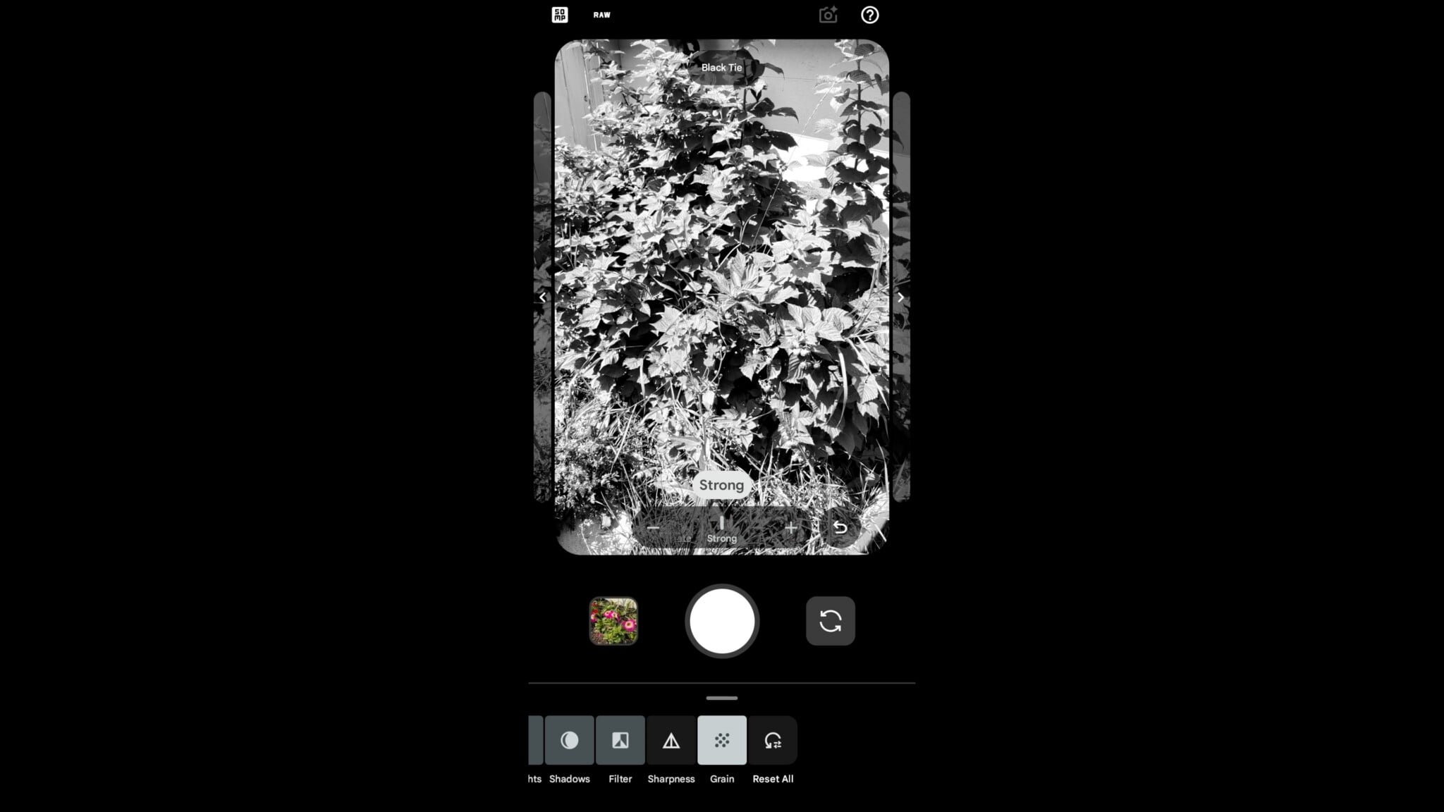 A smartphone screen displays a photo editing interface with a black and white filter applied to an image of a leafy bush, showing adjustment sliders and a bottom menu with options for shadows, filters, sharpness, grain, and resetting.