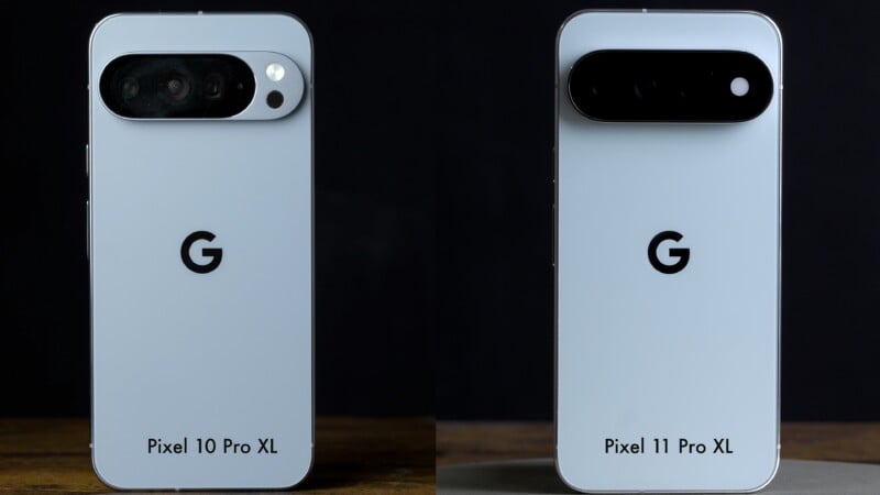 Two light blue smartphones stand side-by-side against a black background, labeled "Pixel 10 Pro XL" and "Pixel 11 Pro XL" respectively.