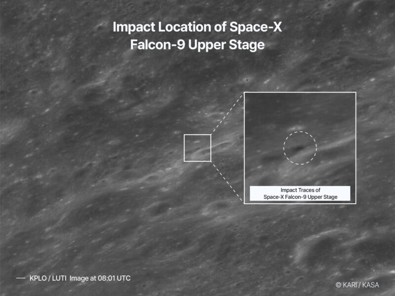 A grayscale lunar surface view with an inset box highlighting a dark, circular impact trace labeled as the SpaceX Falcon-9 upper stage.