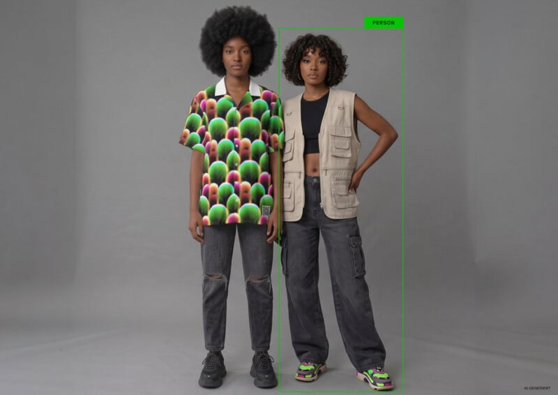 Two women stand side-by-side against a grey background, one wearing a patterned shirt and the other a beige utility vest.