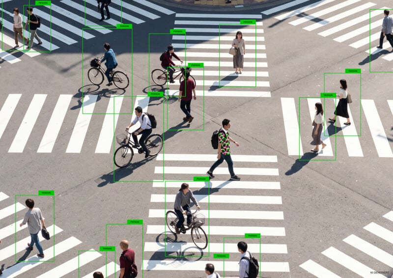 An aerial view shows pedestrians and cyclists crossing a city intersection, with green bounding boxes labeled "PERSON" around each individual.