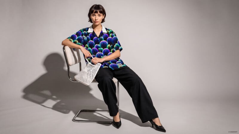 A woman with short dark hair sits on a metal-framed chair, wearing a patterned short-sleeved shirt, black trousers, and black heels while holding a white mesh handbag.