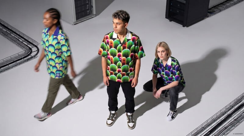 Three people stand in a studio wearing matching patterned short-sleeve shirts with white collars, with one person in motion on the left.