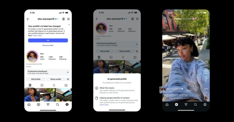 Three screenshots of an Instagram profile named alex.anyways18 showing the "AI-generated profile" label and disclosure information.