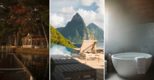 A triptych showing a canoe on a lake near a screened gazebo, a mountain view from an infinity pool, and a steaming bathtub.