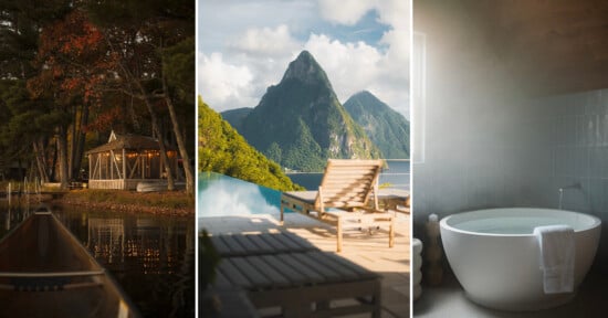 A triptych showing a canoe on a lake near a screened gazebo, a mountain view from an infinity pool, and a steaming bathtub.