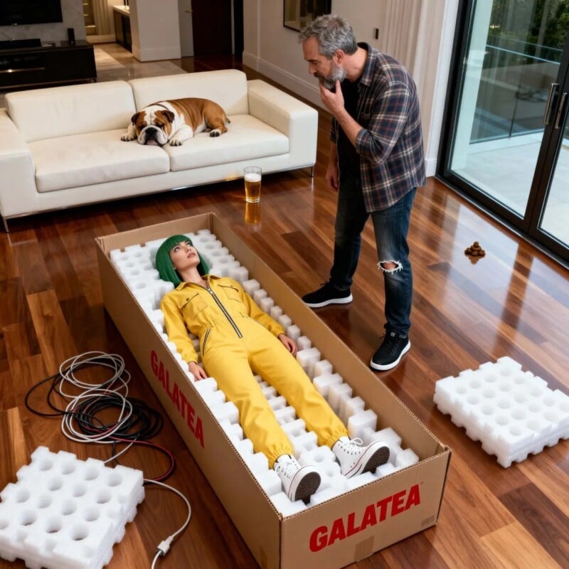 A man with a beard stands looking down at a woman with green hair lying in a large cardboard box labeled "GALATEA," while a bulldog rests on a nearby sofa.