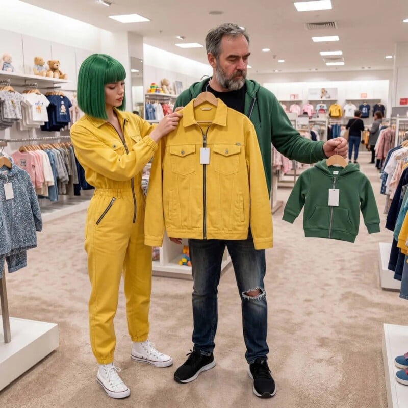 A woman with green hair in a yellow jumpsuit and a man in a green hoodie stand in a clothing store, holding up a yellow jacket and a small green hoodie.