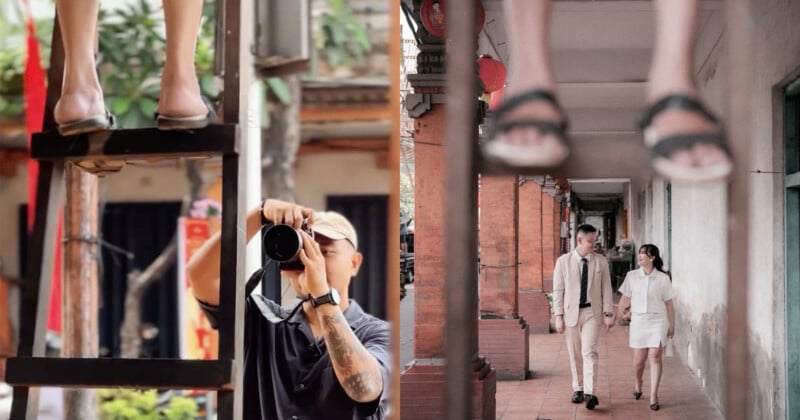 A split-screen view shows a photographer on the left taking a picture of a couple walking together in a corridor on the right.