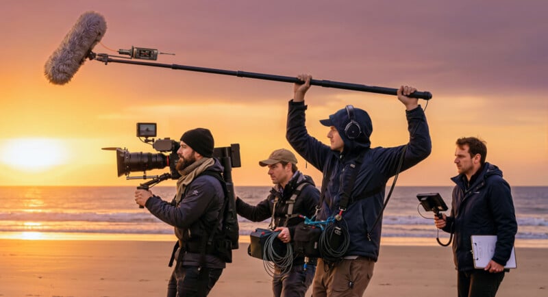 A film crew of four people walks along a beach at sunset, with one person operating a camera, one holding a boom microphone, and two others carrying equipment.