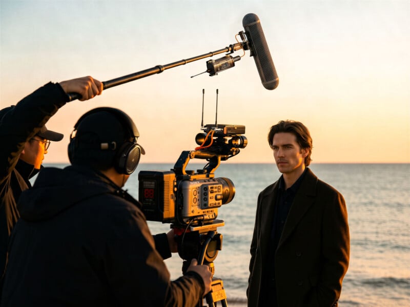 A film crew member operates a professional video camera on a tripod while another holds a boom microphone over a man standing on a beach at sunset.