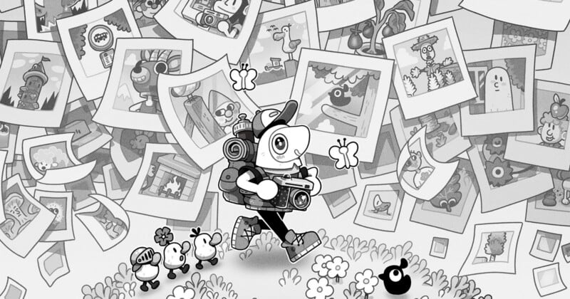 A cartoon character with a camera and backpack walks through a field of flowers surrounded by floating polaroid photos.
