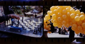 A split-screen film strip showing a person playing chess on the left and a person holding a large bunch of yellow balloons on the right.
