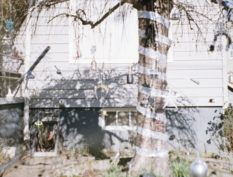 A tree trunk wrapped in silver ribbon stands in front of a house, decorated with various hanging ornaments and party-themed items.
