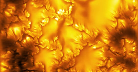 A close-up view of the sun's surface showing bright, golden convective cells separated by dark, cooler plasma channels.