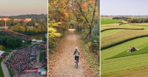 A three-panel collage showing a large group of cyclists at a starting line, a person cycling on a leaf-covered trail, and a tractor working in a field.