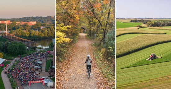 A three-panel collage showing a large group of cyclists at a starting line, a person cycling on a leaf-covered trail, and a tractor working in a field.