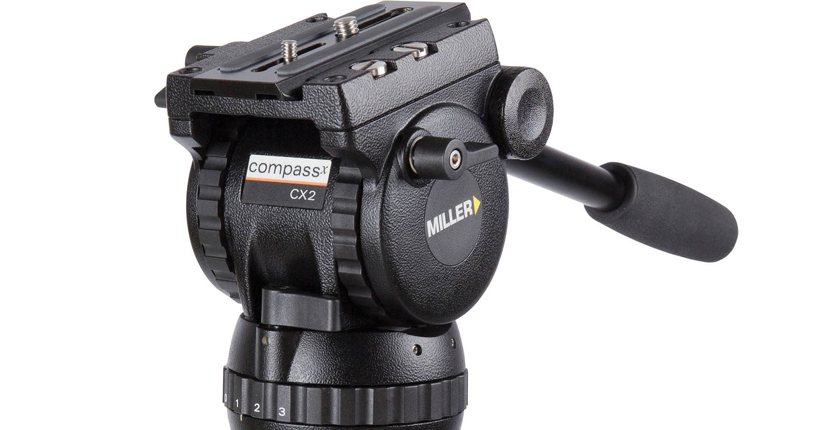 A black Miller Compass CX2 fluid tripod head with a pan handle, mounting plate, and numbered adjustment dials.