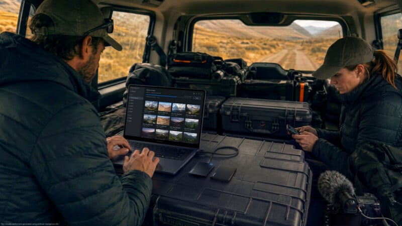 A man and a woman sit in the back of a vehicle, with the man using a laptop to view files while the woman looks at a smartphone.