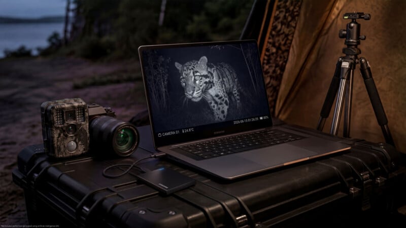 A laptop displaying a photo of a leopard sits on a black equipment case next to a trail camera, a camera lens, and an external hard drive.