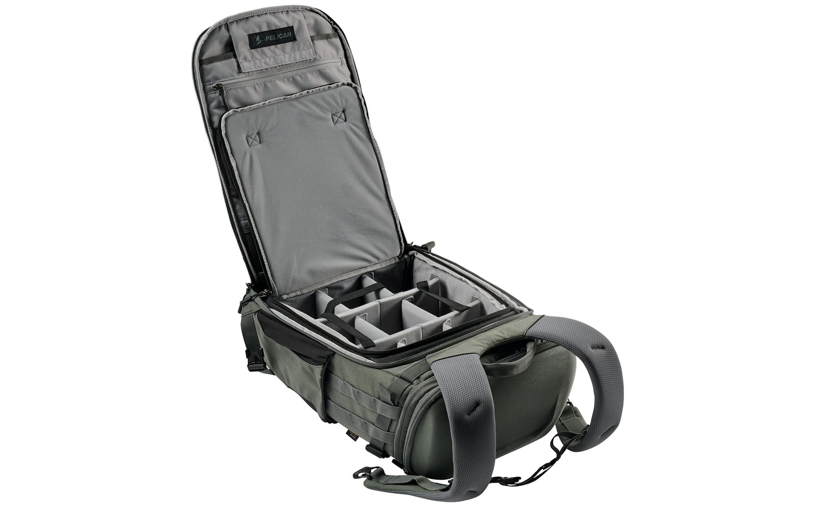 An open olive green Pelican backpack with a gray interior featuring adjustable padded dividers and storage pockets on the lid.